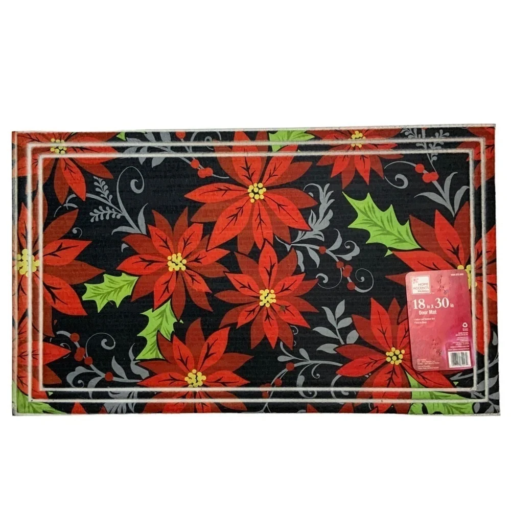 Doormat Christmas Poinsettia Heavy Duty Indoor/Outdoor Red Black 18 x 30 in
